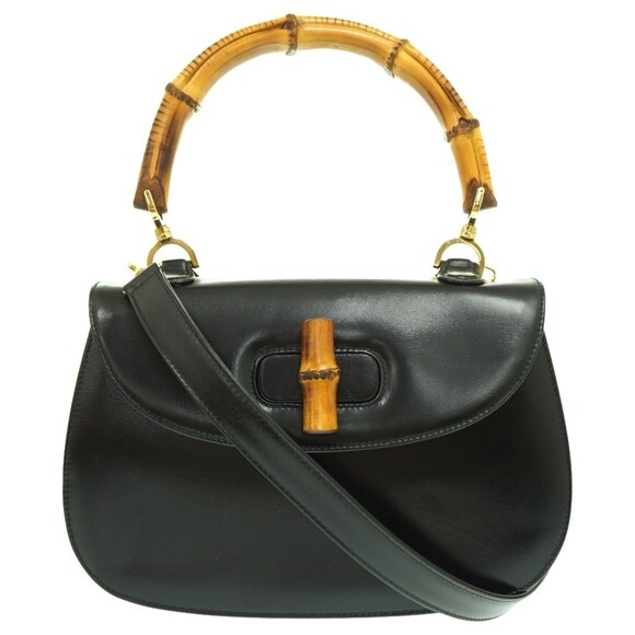 GUCCI Black Leather Bamboo Shoulder Bag with Strap - Picture 2 of 11